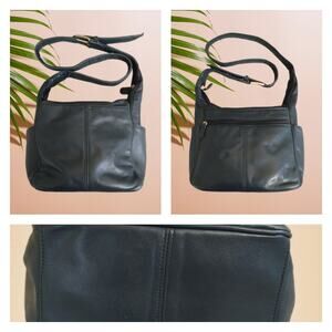SAS Navy Blue Leather Hobo Crossbody Bag • Adjustable Strap